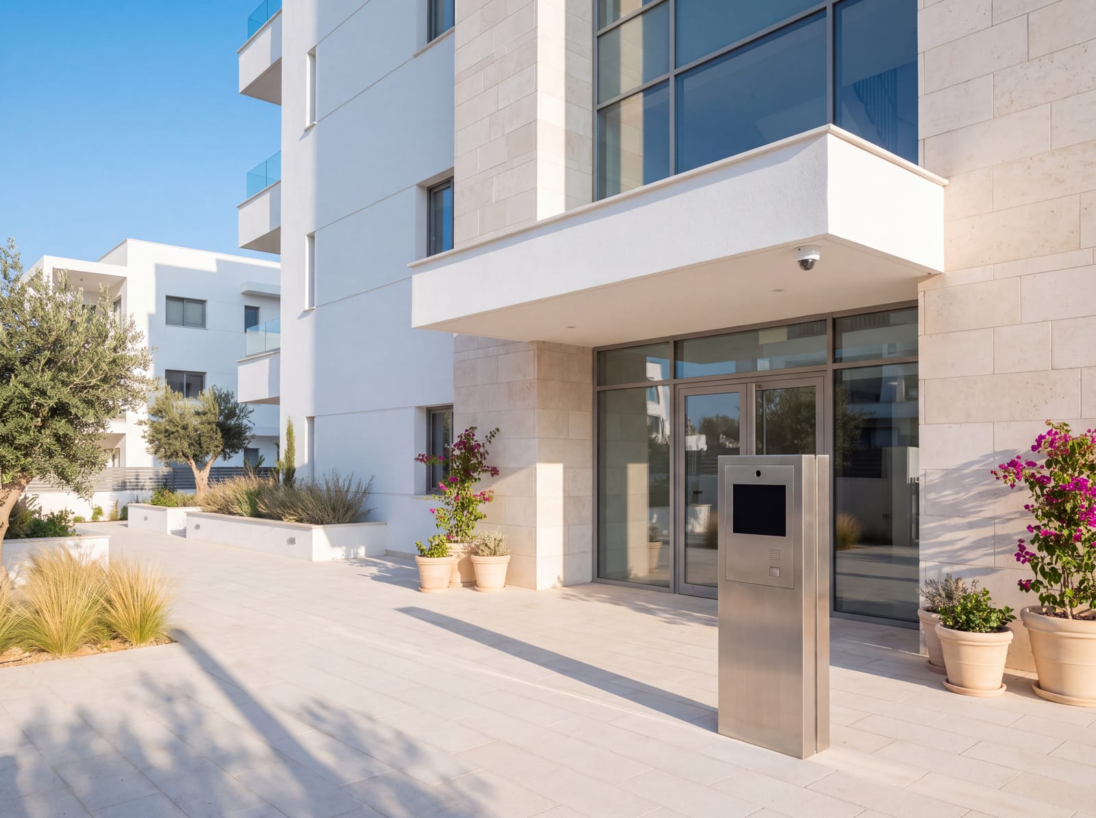 רחבת כניסה של בניין מגורים עכשווי עם לובי מזוגג.