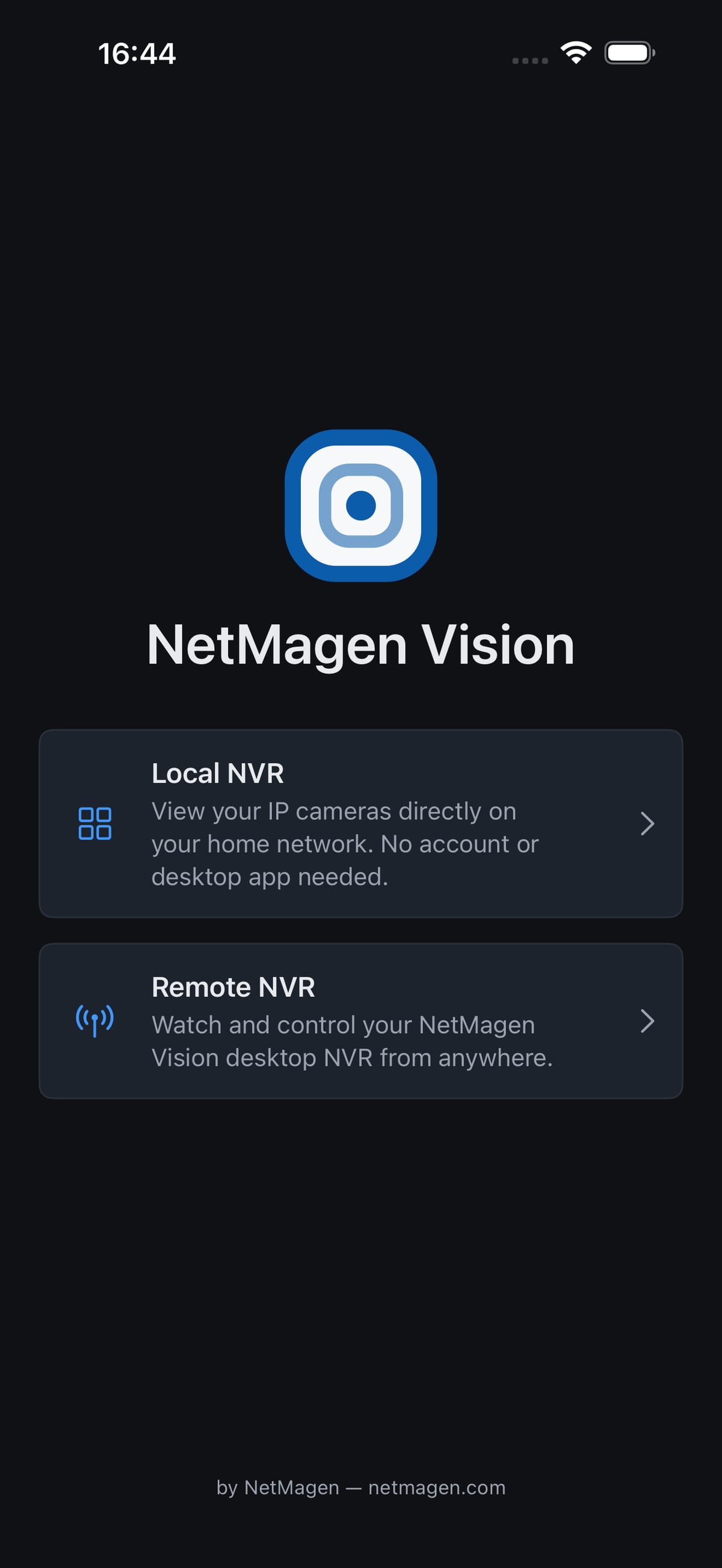 המסך הראשון של האפליקציה: סמל NetMagen Vision ושני כרטיסים, NVR מקומי ו-NVR מרוחק.