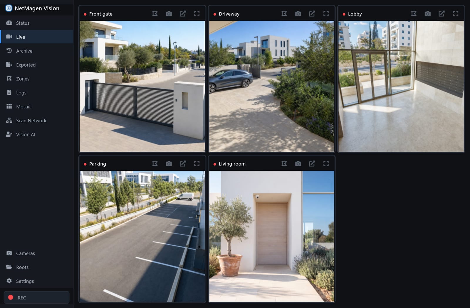 עמוד השידור החי של NetMagen Vision: חמש אריחי מצלמה ברשת כהה, כל אחד עם סימון הקלטה אדום ושם המצלמה.