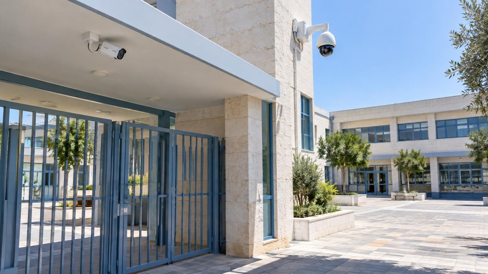 מצלמת PTZ ומצלמה קבועה מותקנות לצד כניסה מוארת לעסק ישראלי