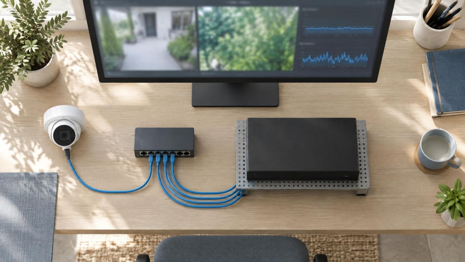 מצלמת IP ומקליט NVR המציגים זרמי וידאו בתנאי תאורה משתנים