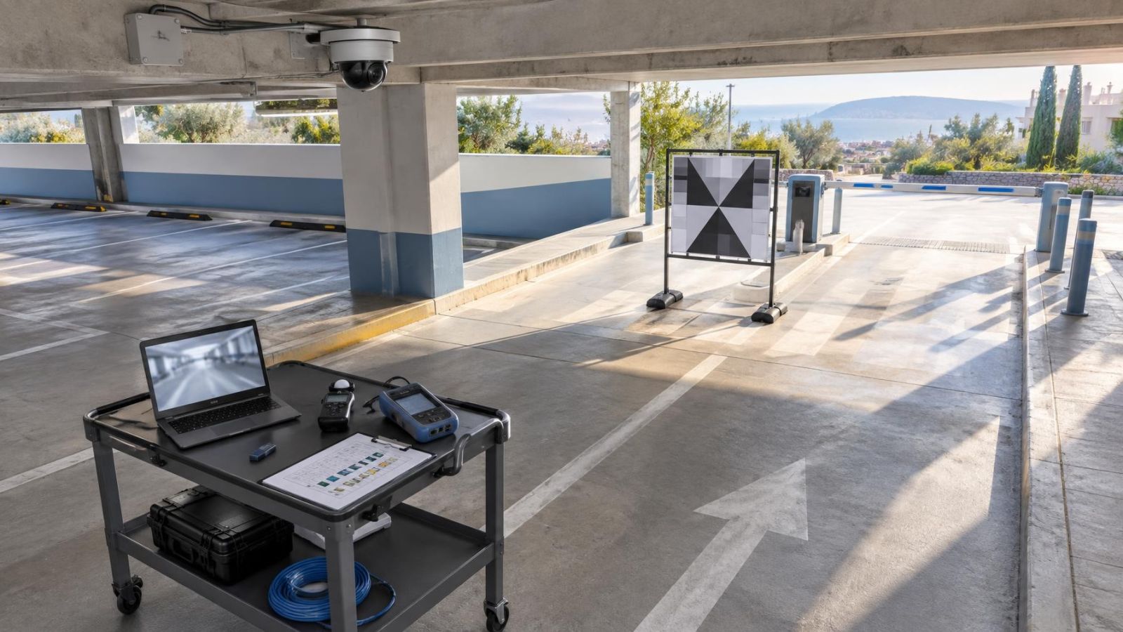 מתקין ובעל נכס בודקים תצוגת מצלמות ורשימת קבלה של מערכת אבטחה