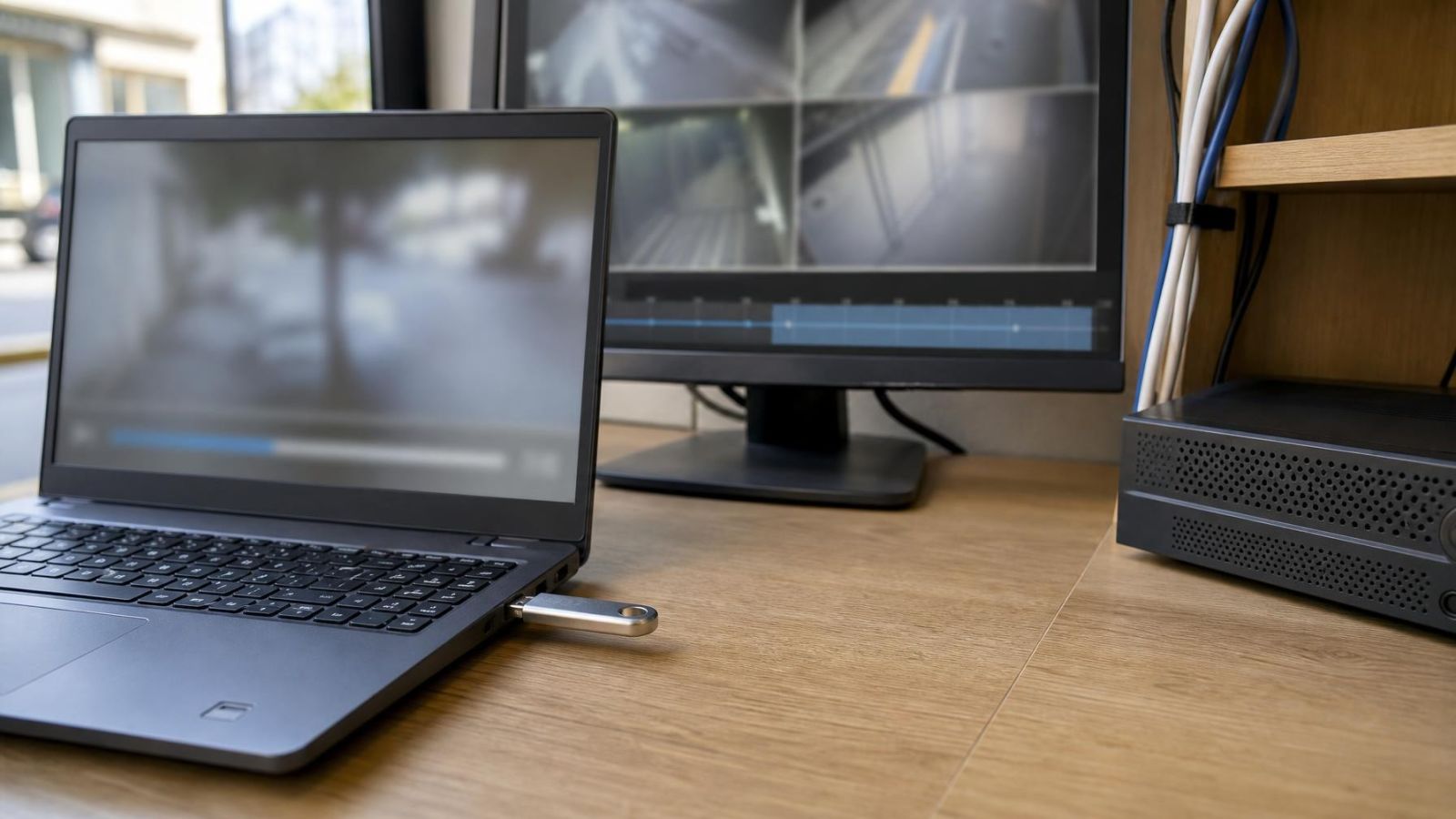מנהל עסק בודק ציר זמן של מצלמות אבטחה לצד כונן USB