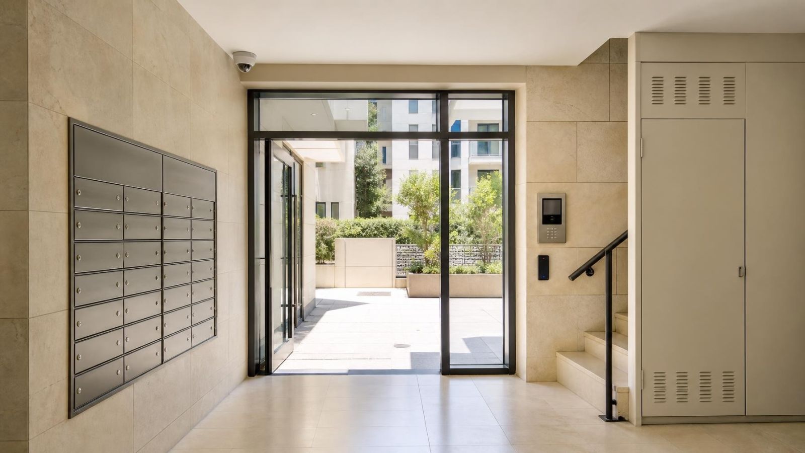 כניסה משותפת לבניין עם מצלמת אבטחה, אינטרקום ודלת מבוקרת