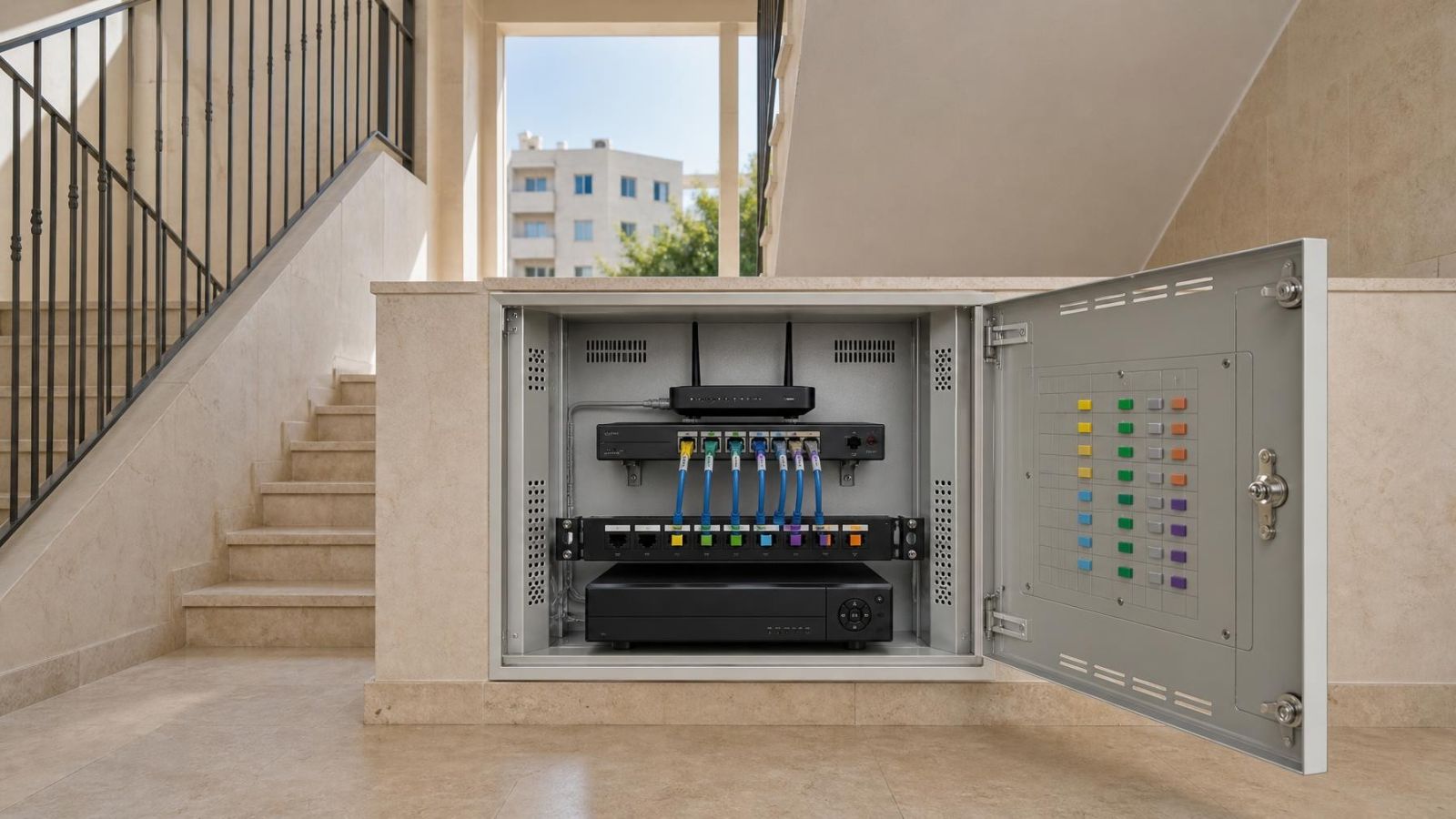 טכנאי מגדיר כתובות רשת למצלמות ולמקליט דרך ממשק הנתב
