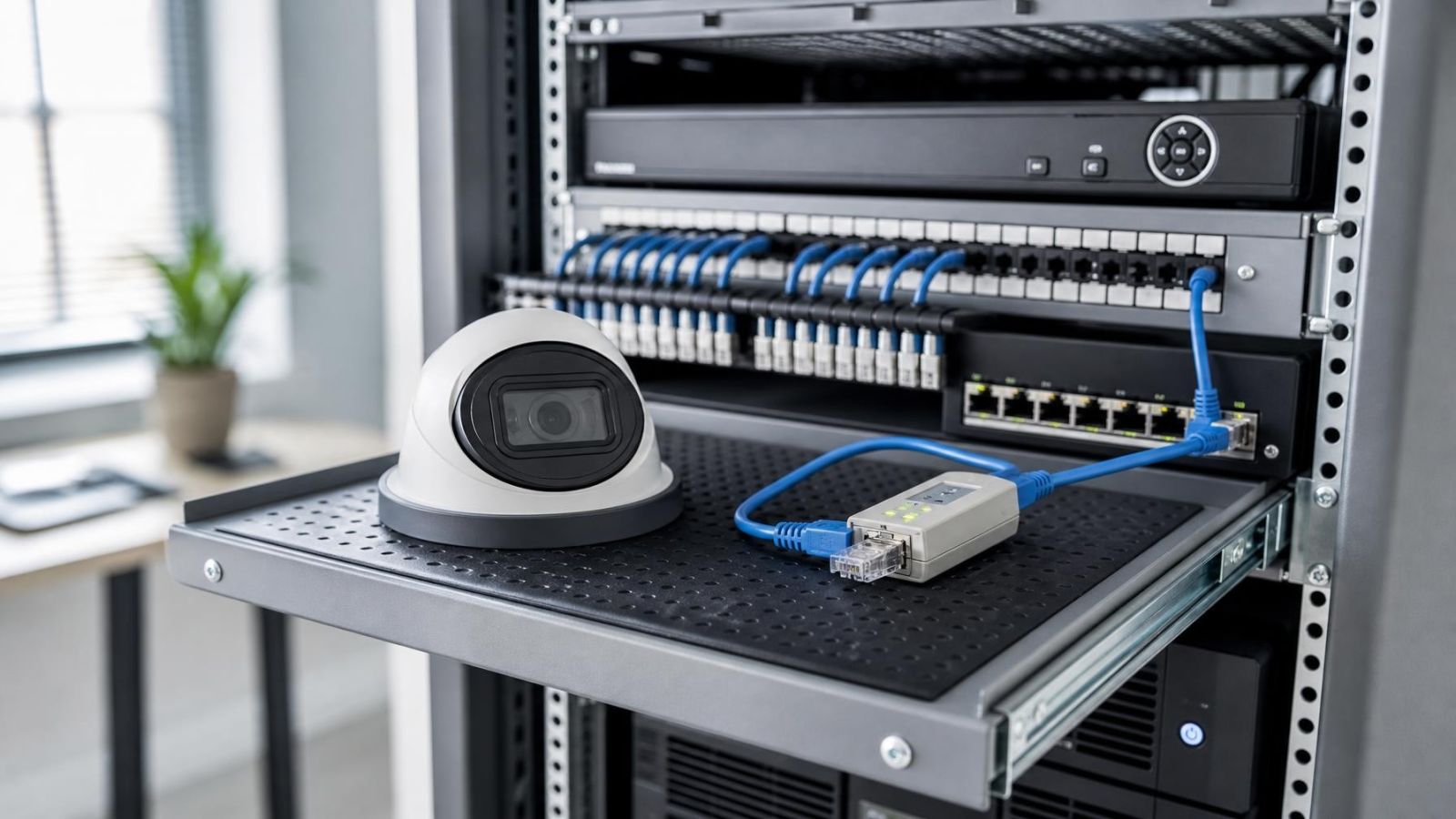 טכנאי בודק מצלמת רשת לצד NVR, מתג רשת וכבלי Ethernet