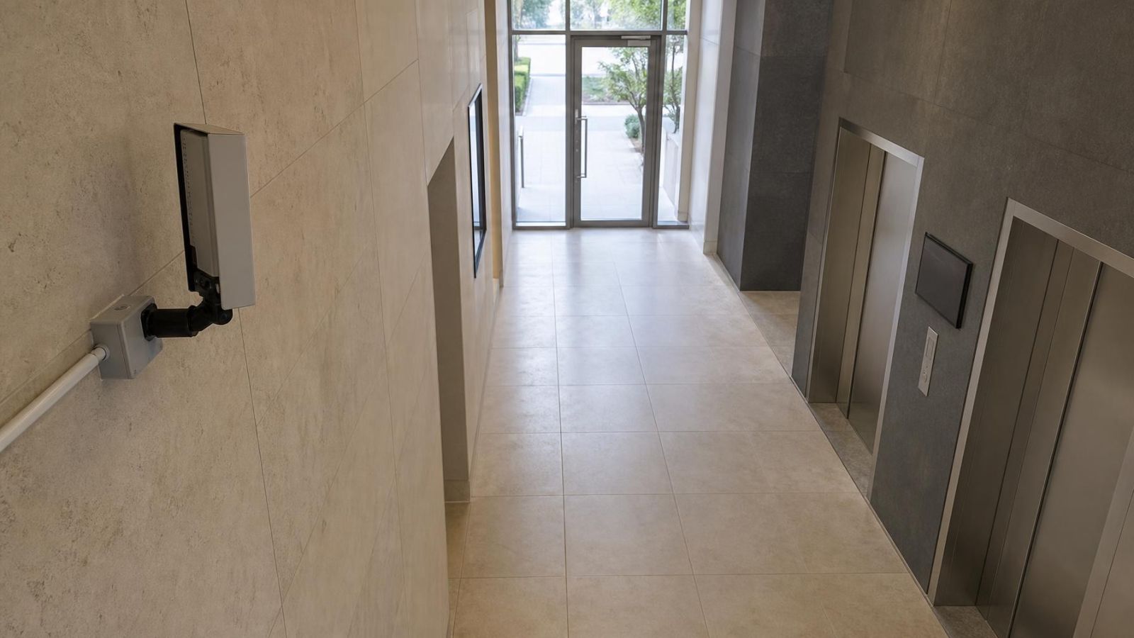 מצלמת אבטחה מותקנת אנכית בכניסה צרה ומצלמת את עומק המסדרון