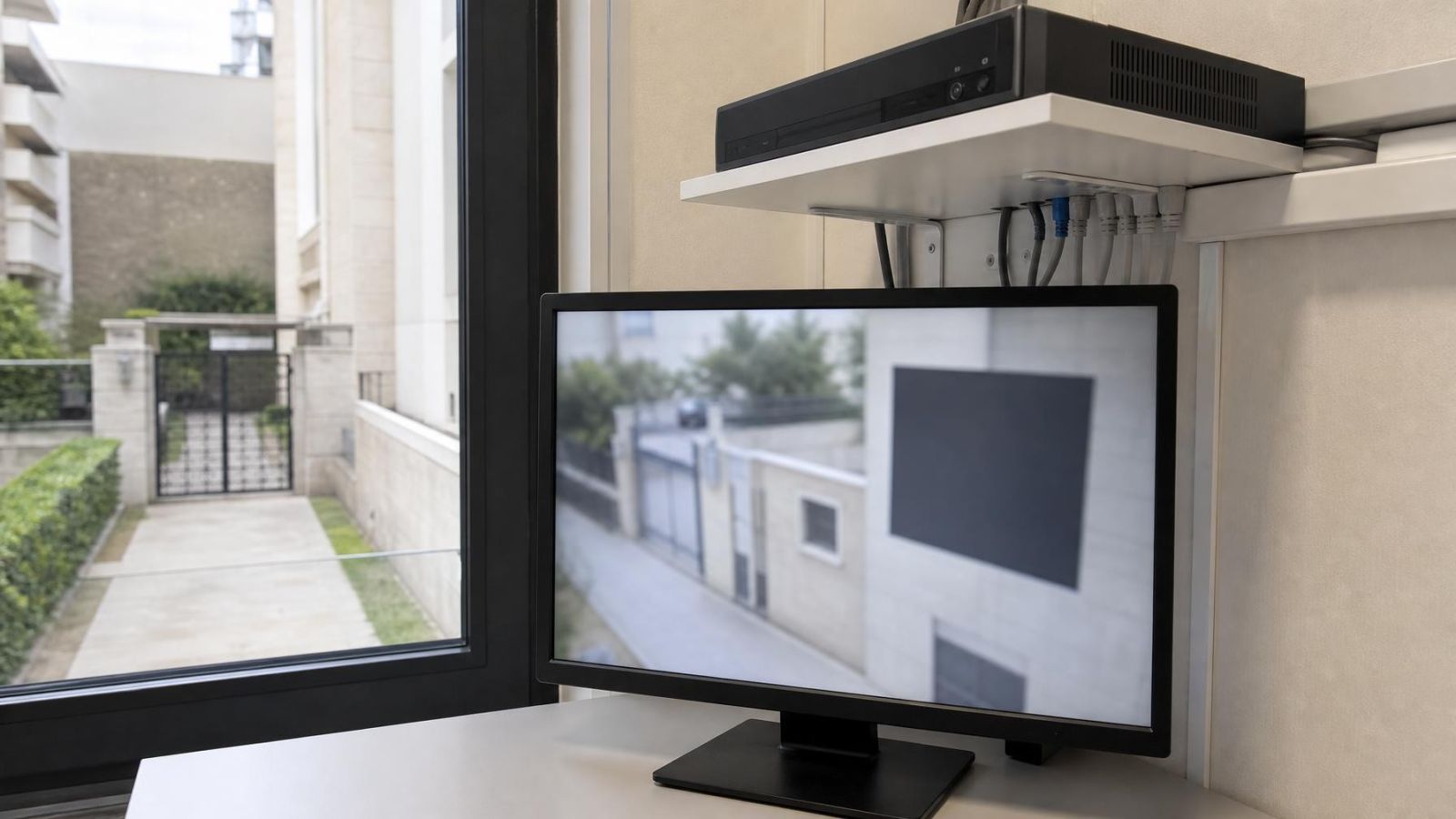 טכנאי מגדיר אזור פרטיות במצלמת אבטחה הצופה אל שער גינה